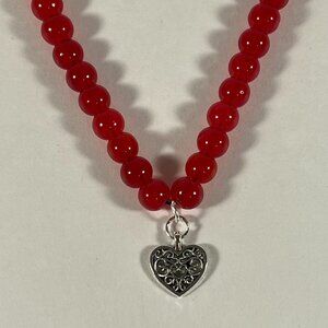Ornate Silver Heart Red Glass Bead Necklace NWT